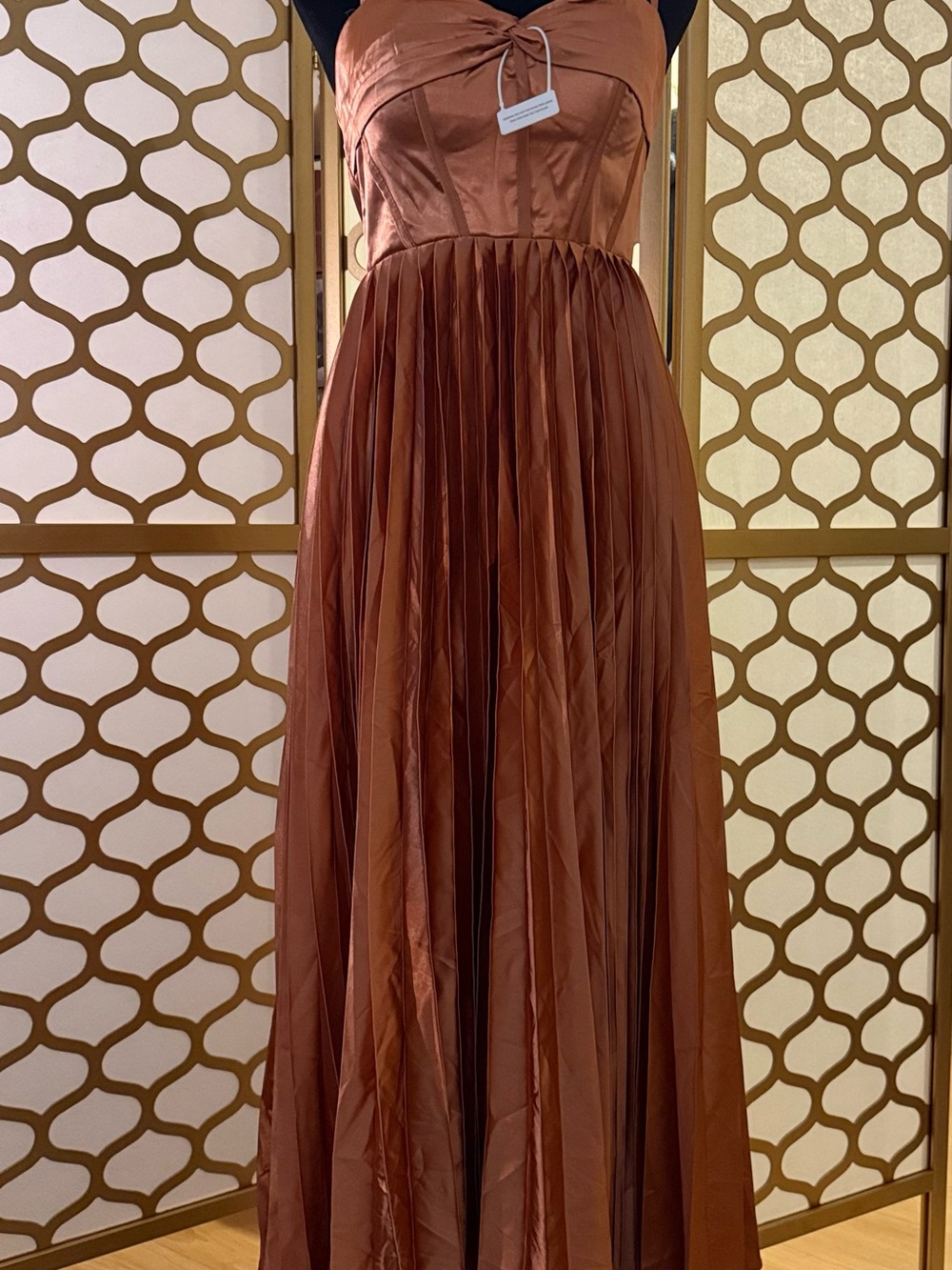 Strapless Pleated Maxi Dress in Copper Brown